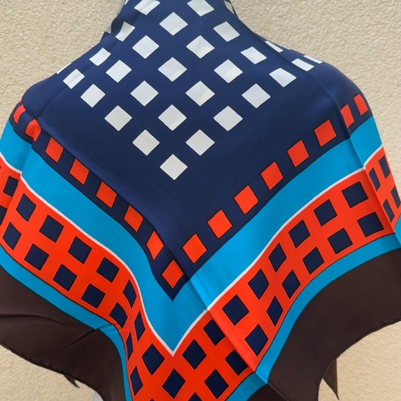 Vintage Yves Saint Laurent silk orange, brown, blue square scarf - Picture 2 of 7